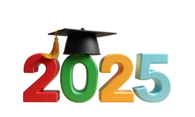 Graduation cap on colorful 2025 year digits