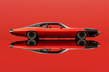 Classic muscle car with a sleek black and green body against a fiery red background, reflected on a smooth surface. The vintage design and bold colors create a striking contrast and nostalgic appeal