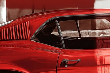 Close-up of a classic red muscle car focusing on its sleek body lines, chrome details, and vintage side window. The glossy paint reflects light, emphasizing the car’s timeless design and automotive cr