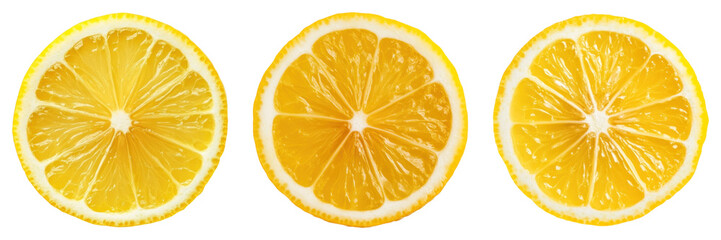 Three vibrant lemon slices isolated on transparency background