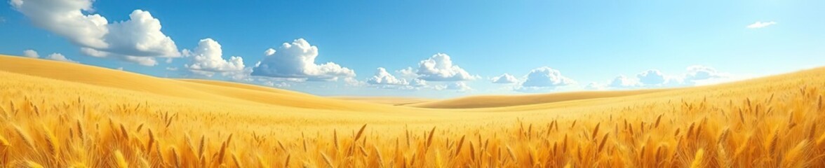 Naklejka premium Rolling hills of wheat swaying gently in the breeze amidst clear blue skies and fluffy white clouds, wheat field, wind, fields