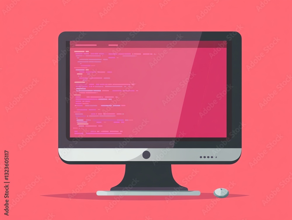 Poster computer screen displaying code on a pink background in a modern workspace environment