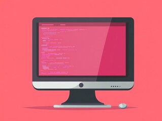 Computer Screen Displaying Code on a Pink Background in a Modern Workspace Environment