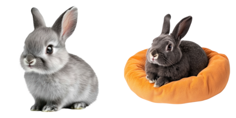 Two adorable rabbits, one grey and one black, sitting on transparency background