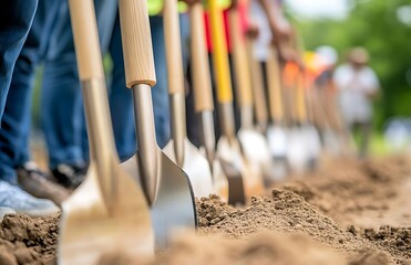 Close-up of shovels lined up for a ground-breaking ceremony, with a blurred background of people ready to start a construction project. Ample space for text overlay.