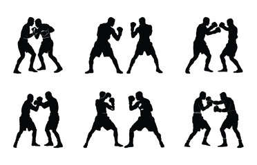Obraz premium Boxer connecting a knockout punch Silhouette Set, Two Boxers Fighting Vector Black Clipart bundle
