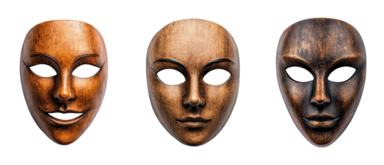 Artistic wooden masks showcasing diverse expressions