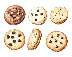 Fototapeta premium Assorted hand-drawn cookies with chocolate chips and nuts