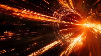 Abstract Futuristic Orange Light Tunnel, Digital Art Technology Background for High Speed Data and Time Travel.