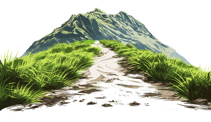 Isolated dirt road, mountain trail, nature path, hiking route, rugged terrain, scenic view, white background, outdoor adventure, trekking, travel destination, mountain road