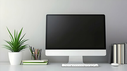 Modern Home Office Desk With Computer And Green Plant On White Table Against Gray Wall