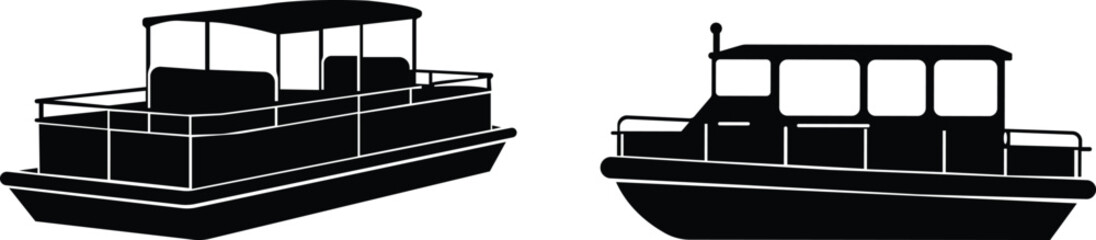 Pontoon boat icon set.Passenger transportation canopy marine leisure activity.Water transport ship vessel sea ocean river comfortable cruise recreation.boat Vector Illustrations for Design.
