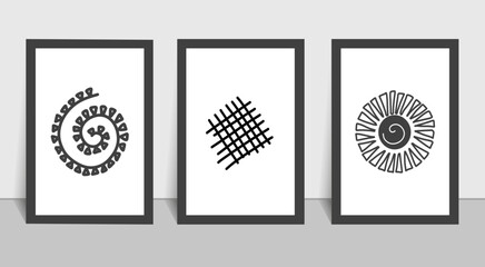 A set of wall art from 3 abstract black and white minimalistic gallery. Scandinavian style, minimalism, boho style. Interior design, rooms, offices, halls, corridors, bedrooms Vector illustration of m