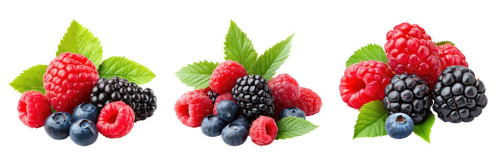 Mixed berries with green leaves on transparency background