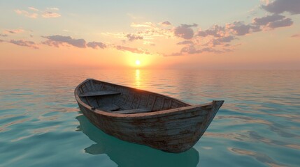 Fototapeta premium Aged rowboat sits calmly on water during a radiant sunset with orange clouds and reflections. 