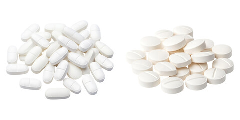 Two piles of white pills on transparency background, showcasing different shapes