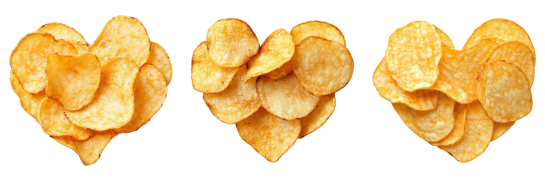 Heart shaped potato chips isolated on transparency background, showcasing love for snacks - Powered by Adobe