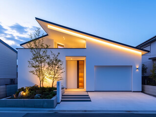 住宅イメージ　モダンな戸建て住宅　夜の照明