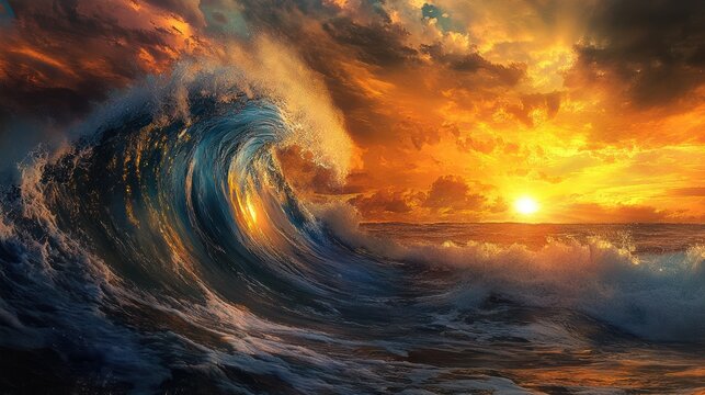 Ocean wave sunset dramatic sky art print