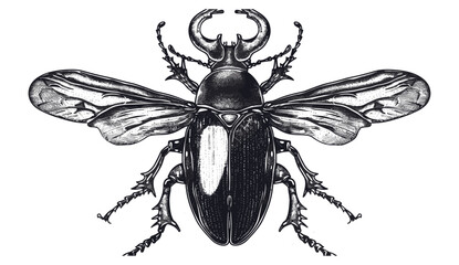 Hand drawn stag beetle, engraved vector illustration, insect graphic, isolated, wildlife, nature art, detailed horned beetle, entomology, sketch, realistic, natural illustration