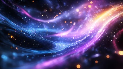 Obraz premium Abstract Galaxy Background: Stunning Cosmic Artwork of Blue, Purple, and Gold with Glowing Particles for Desktop Wallpaper.