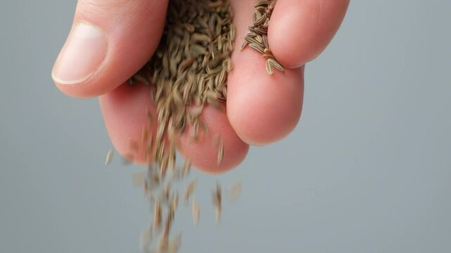 Hand pouring natural seasoning whole cumin seeds, slow motion