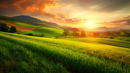 Fototapeta premium Generate an image of green fields, with different colors of green, the sky can be like evening, or dawn, or evening when the sun sets, the landscape is more diverse, somewhere in the distance there ca