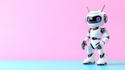 A cute white robot with pink and blue background.  It stands on a light blue surface against a pink wall. The robot has glowing eyes.
