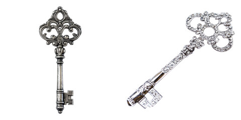 Ornate silver keys with intricate designs on transparency background