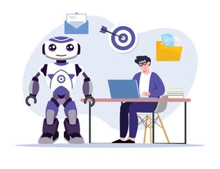 Engaging Robot Assisting Focused Person Working on Laptop in Modern Office