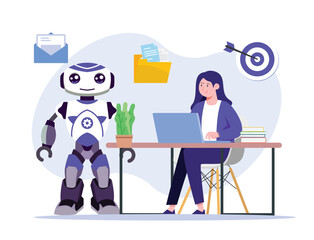 Engaging Robot Assisting Woman at Desk with Laptop and Office Supplies