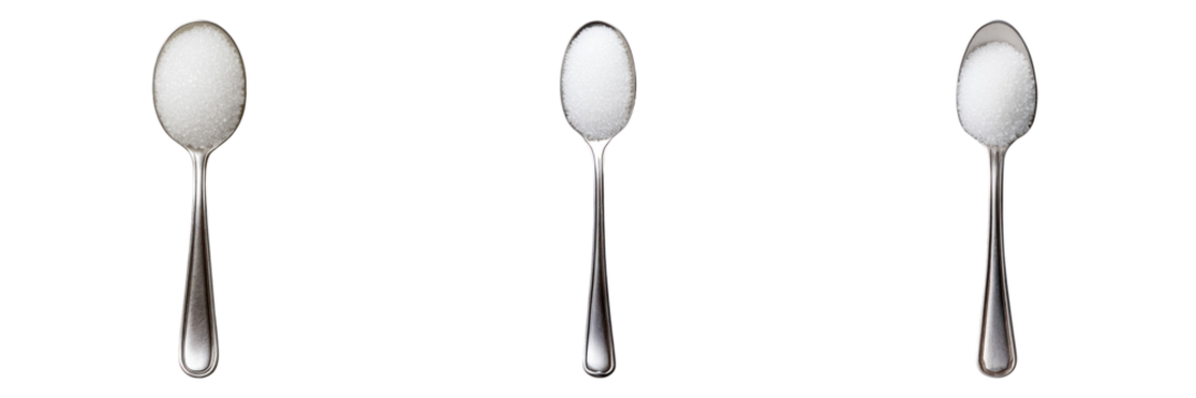 Three teaspoons filled with sugar on transparency background