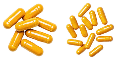 Turmeric capsules isolated on transparency background, showcasing vibrant color