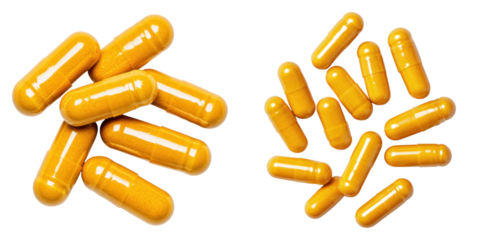 Turmeric capsules isolated on transparency background, showcasing vibrant color