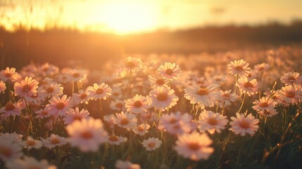 Sunset daisies field, golden hour bloom