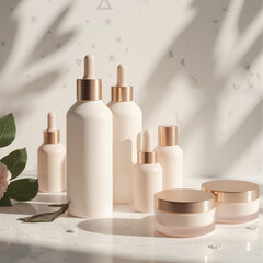 Blush pink and rose gold skincare products on marble