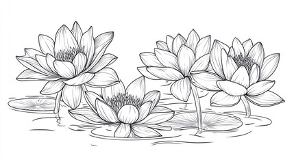 Water lilies blooming serene pond, nature illustration, design element