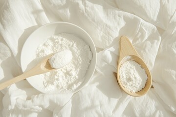 Minimalistic Composition Featuring Powdered Substance in Bowls on a White Fabric Background