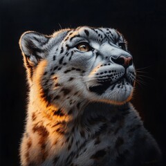 Obraz premium Artistic image shows the face of a snow leopard with grey fur and black spots against a dark background. 