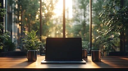 Fototapeta premium Cozy Modern Workspace with Laptop and Greenery, A modern workspace featuring a laptop on a wooden desk