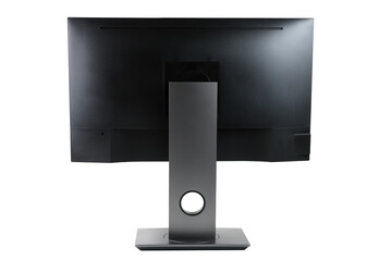 Modern black monitor isolated on white background. Back view.