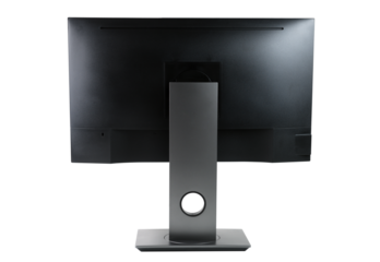 Modern black monitor isolated on white background. Back view.