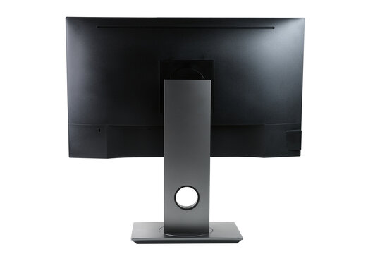 Modern black monitor isolated on white background. Back view.