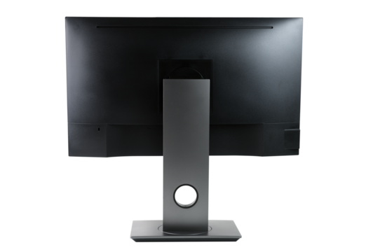 Modern black monitor isolated on white background. Back view.