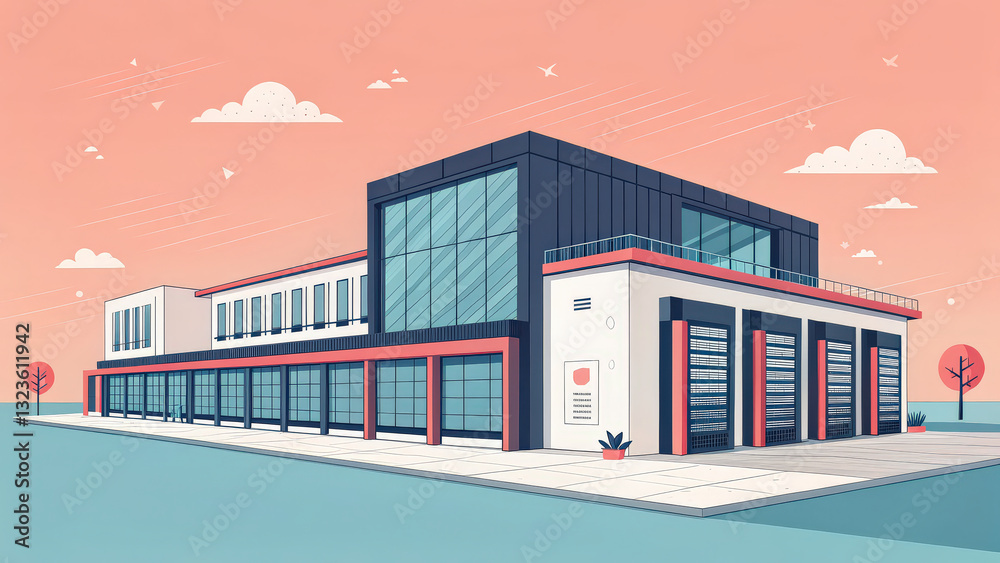 Poster modern, minimalist 3D rendered building with large glass windows and flat design style, set against pastel sky. structure features clean lines and spacious layout