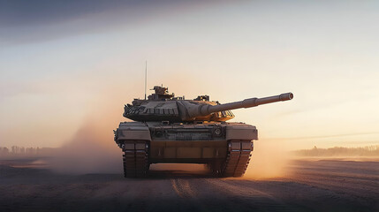 Military Tank Driving Across Dusty Desert Landscape at Sunset with Orange Hues and Silhouette