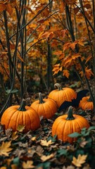 Autumn landscape with pumpkins and bats peeking out from the undergrowth, autumn, foliage