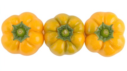 Three Fresh Yellow Bell Peppers Displayed on White Background in Perfectly Arranged Line