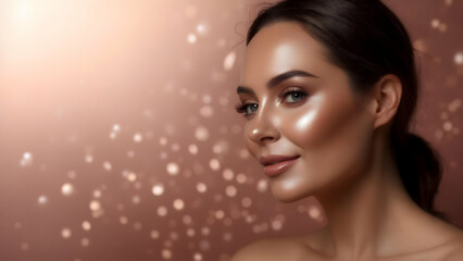 Charm of Youth: A Woman in Her Late Thirties Through a 50mm Lens, Plump, Radiant Skin Contrasts with Soft Rose-Gold Pearl Gradient