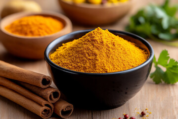 a photograph of various spices and herbs, including cumin powder,